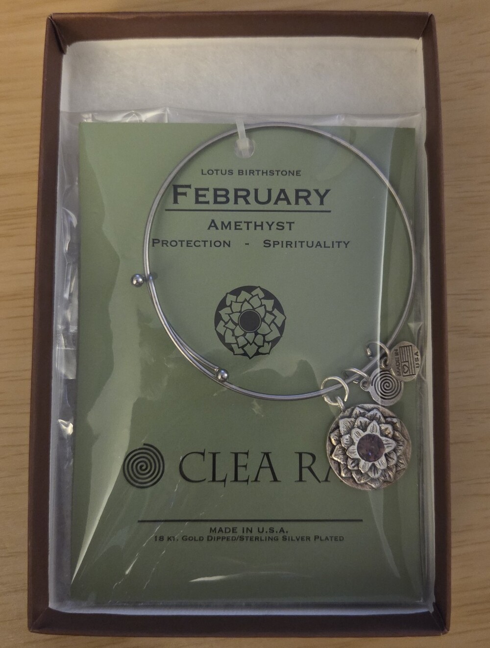 Clea Ray Lotus Birthstone Bracelet February Amethyst Silver Bangle NIP